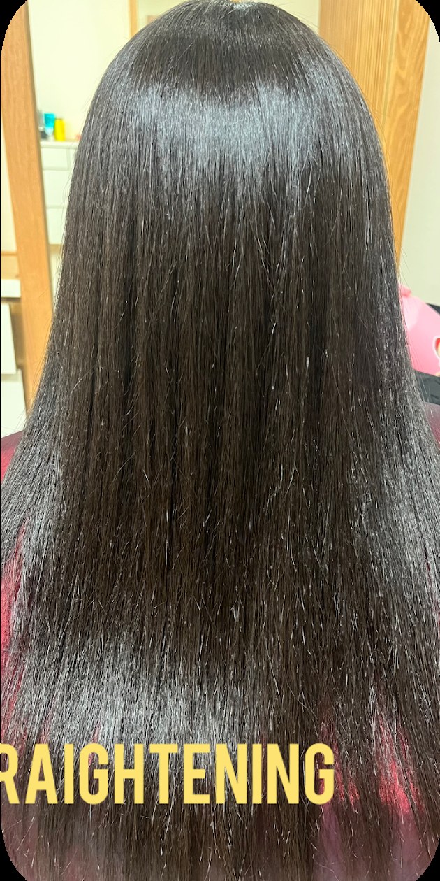 After: the same hair restructured into sleek, straight, glossy lengths at Dass Hair Salon, Carrollton TX